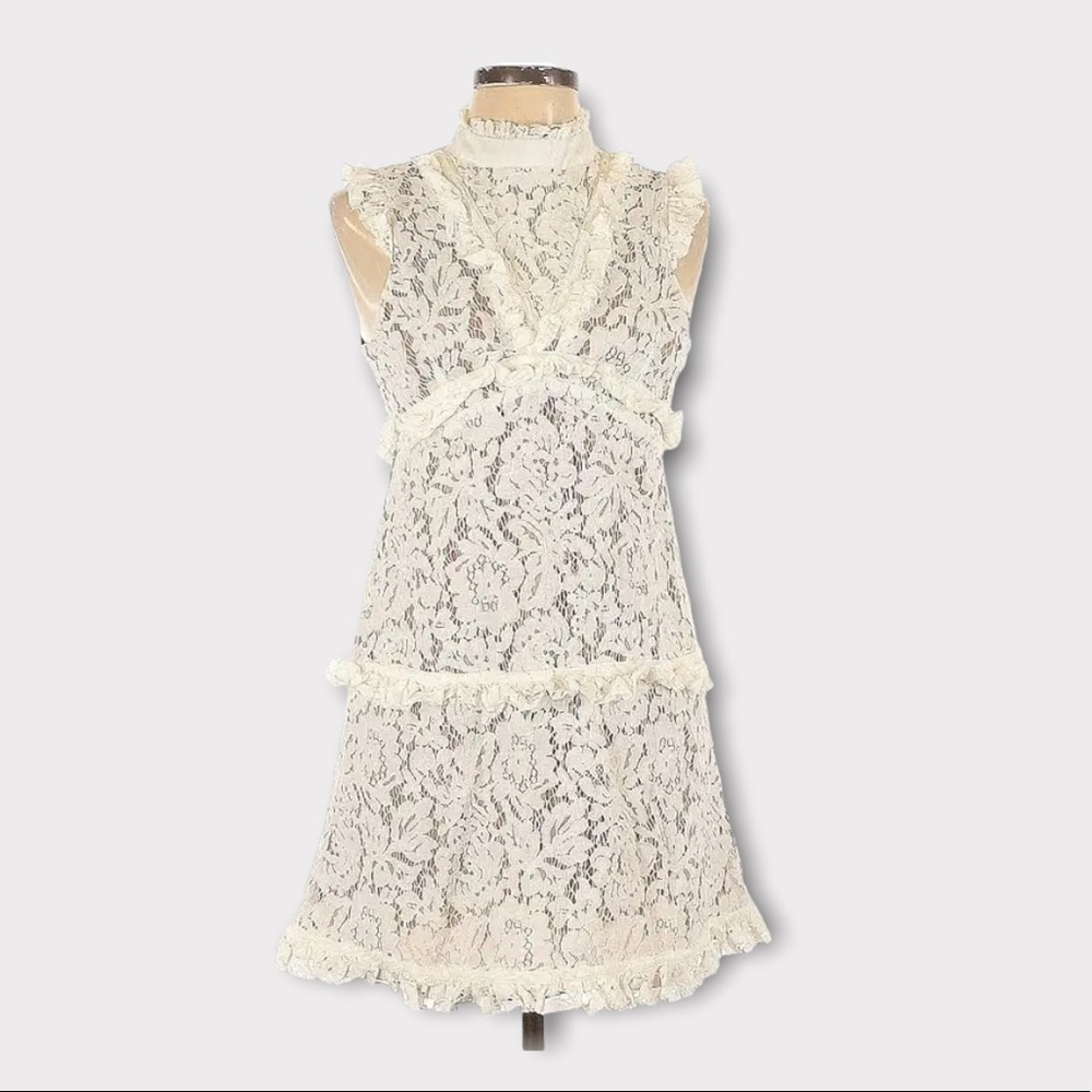 Space 46 The Penny Ruffle High Neck Lace Dress White and Nude Sz M - Picture 3 of 11